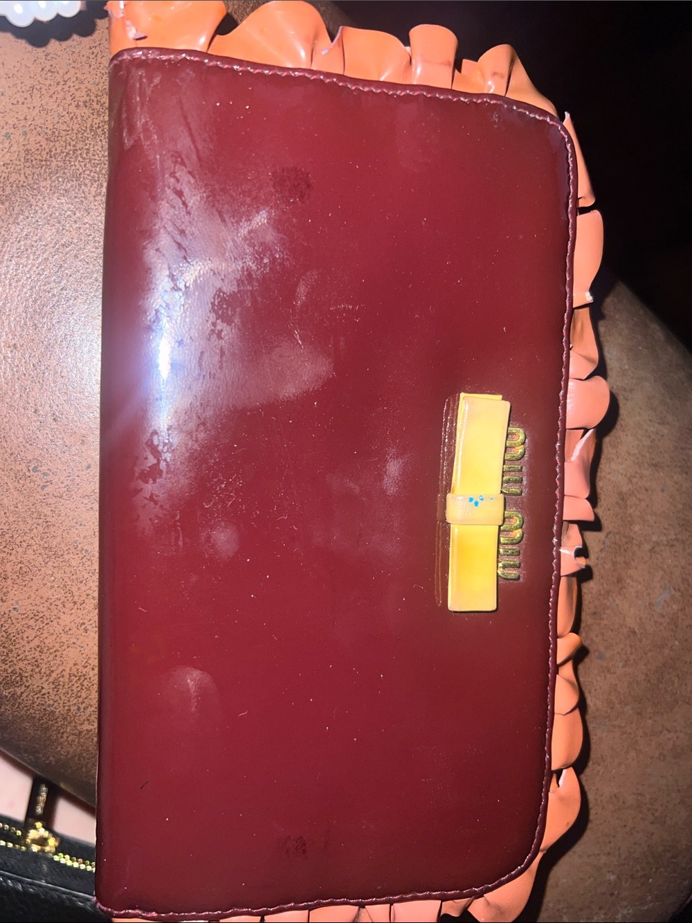 Miu Miu Burgundy Patent Leather Wallet with Peach Ruffle and Yellow Bow